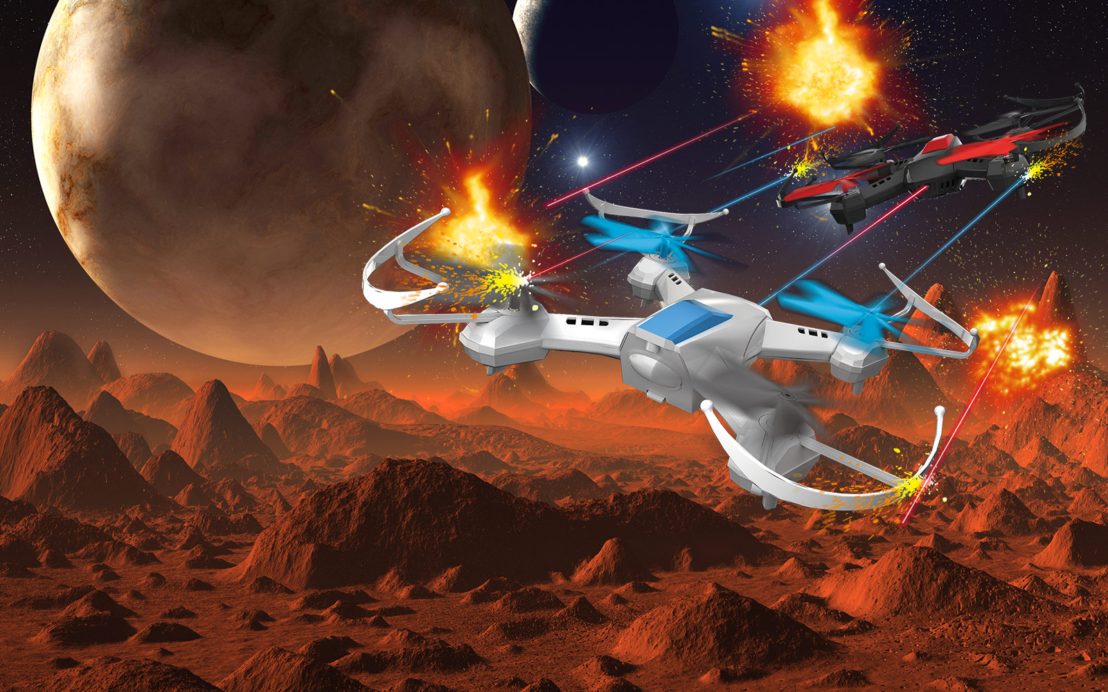 Illustrated depiction of DGL Toys' Quadrone products battling each other over an alien landscape