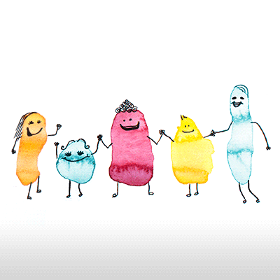 custom watercolor-style animated characters holding hands and jumping up and down